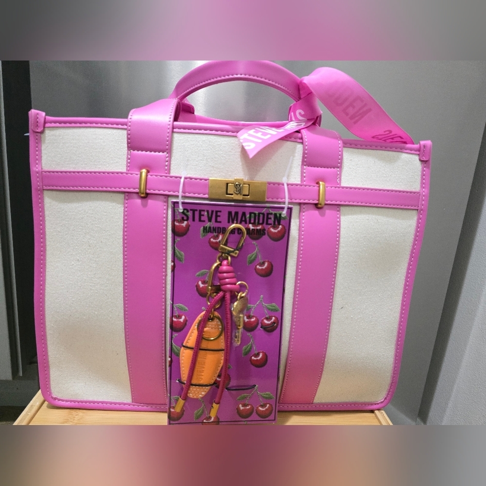 Steve Madden Pink & Cream Structured Canvas Satchel